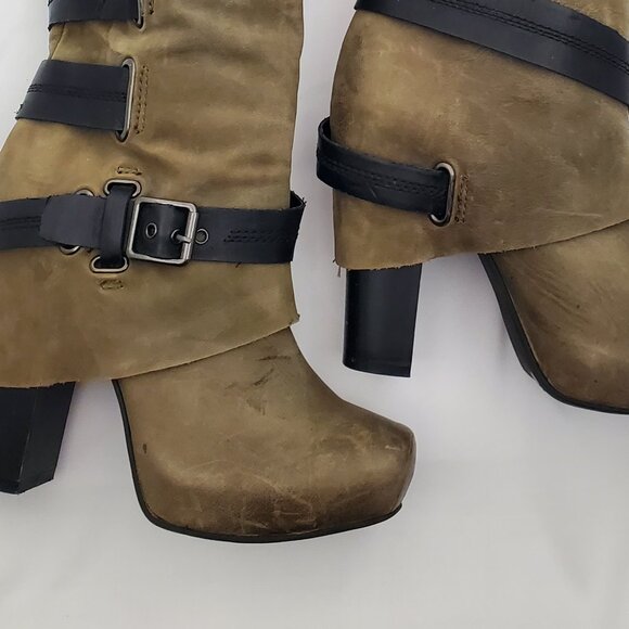 Unique Distressed Olive Green Leather Combat/Moto Boots | Multi-Strap Buckle 8.5 - Picture 11 of 11